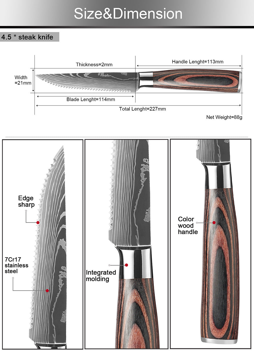 Western Steak Knife Damascus Pattern Stainless Steel Serrated Knife