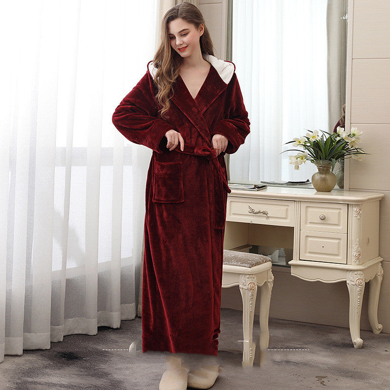 Autumn And Winter Lengthened And Thick Couple Flannel Hooded Nightgown