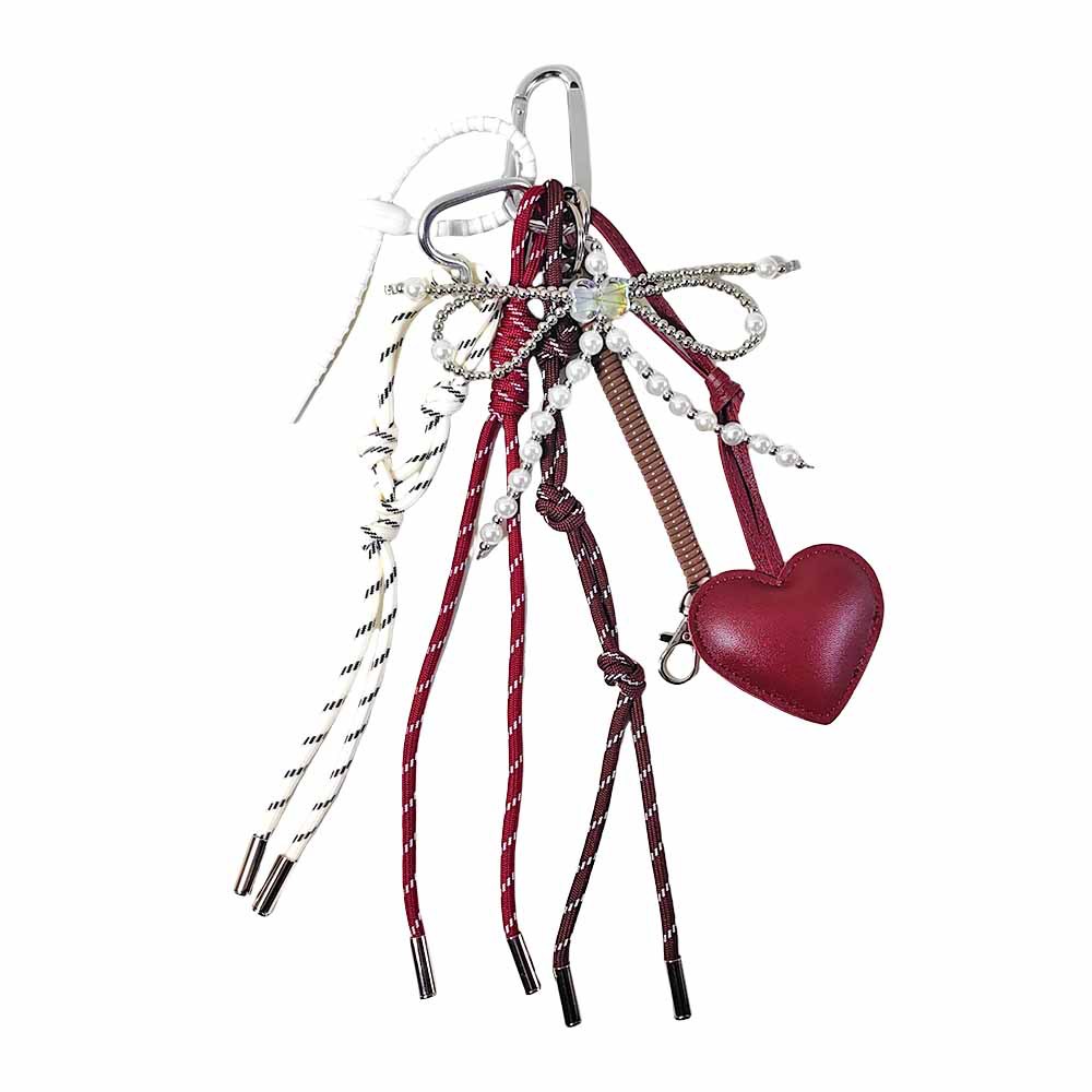 Wine Red Leather Peach Heart Pendant Pearl Bow Keychain