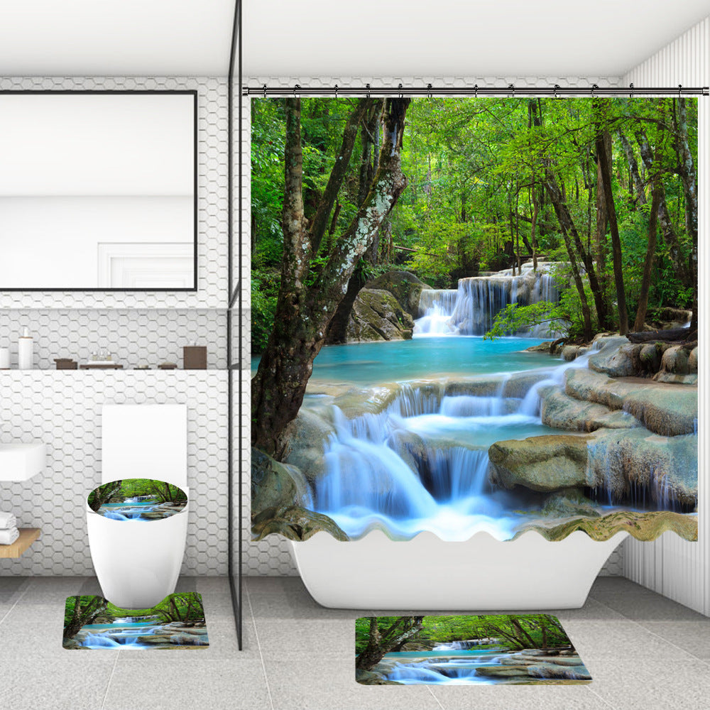 Bathroom Shower Curtain Floor Mat Suit Ocean World Printing