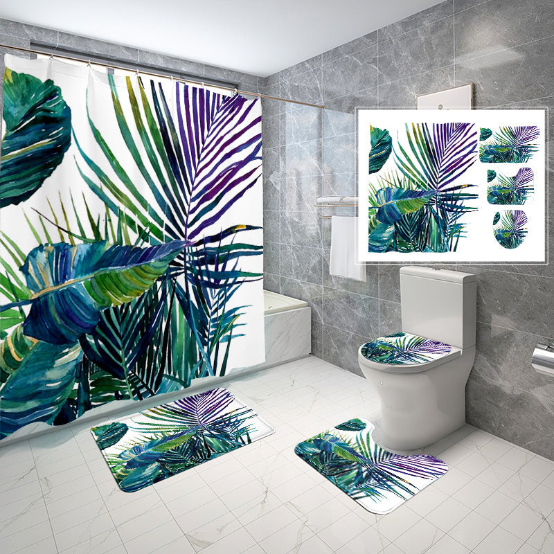 Natural Wind Leaves Printing Toilet Waterproof Shower Curtain Non-slip Floor Mat