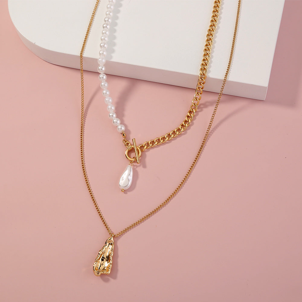 European and American foreign trade ins necklace OT buckle baroque pearl necklace splicing chain retro fashion clavicle chain female