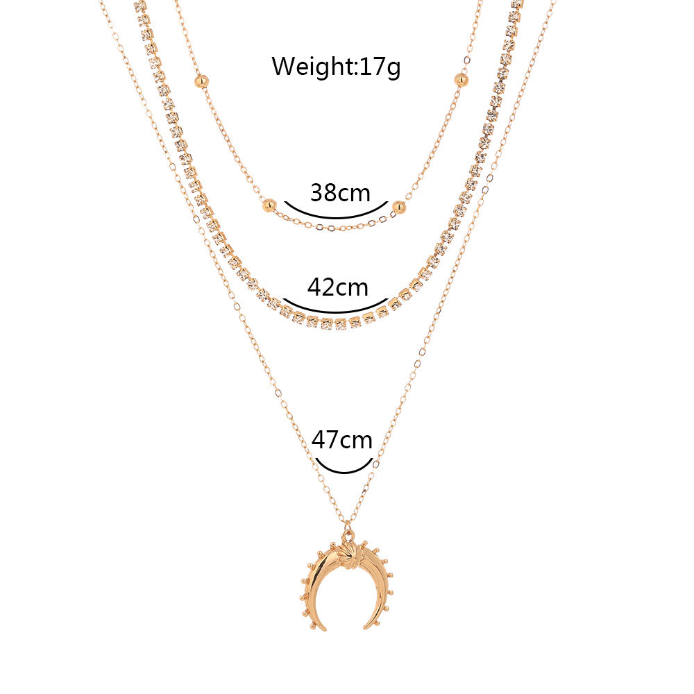 Multi-layer Retro Moon Horn pendant with exaggerated style and diamond necklace