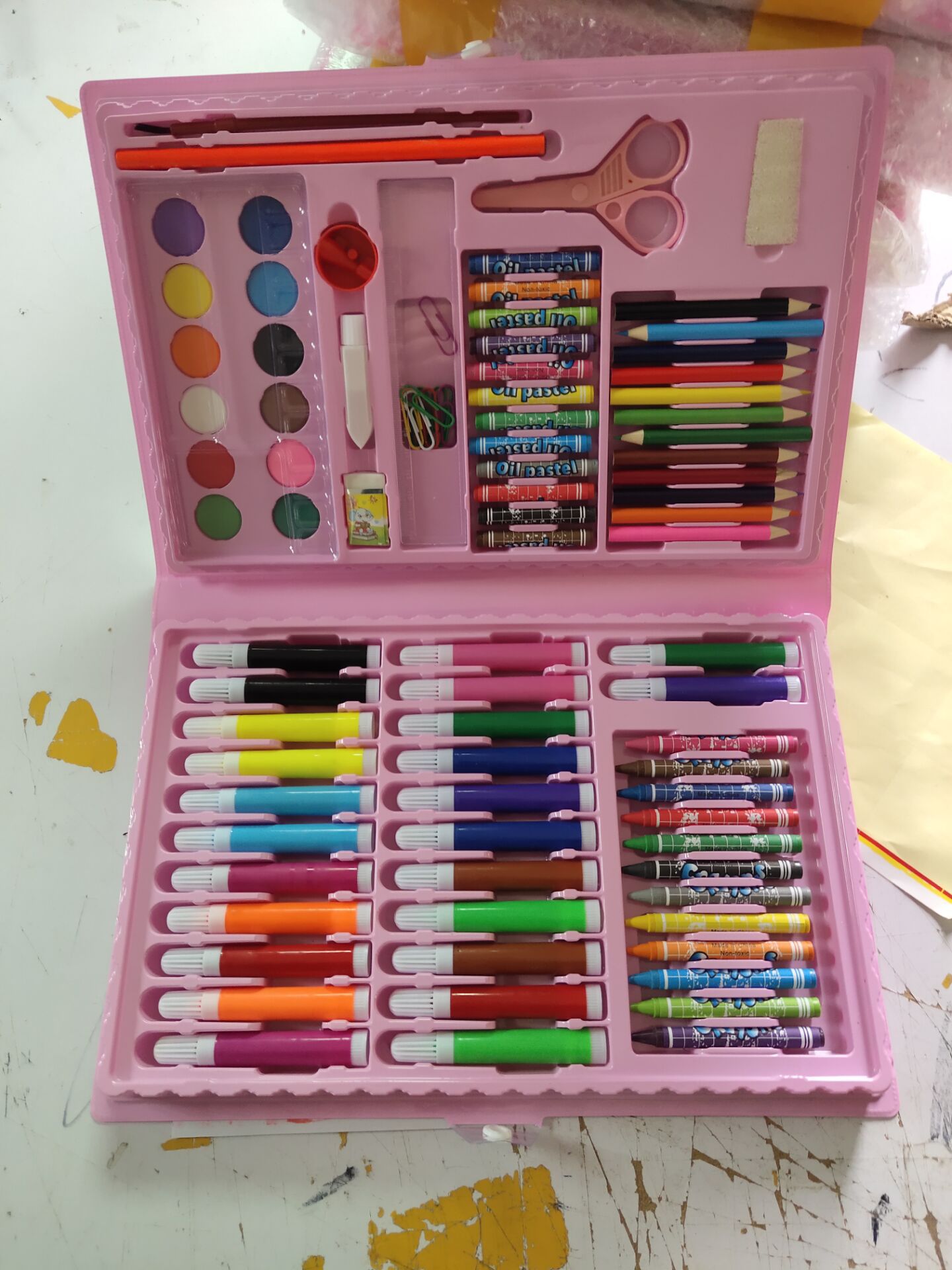 Toddler Pupils Learn To Paint With Watercolor Brushes, Crayon And Oil Pastel