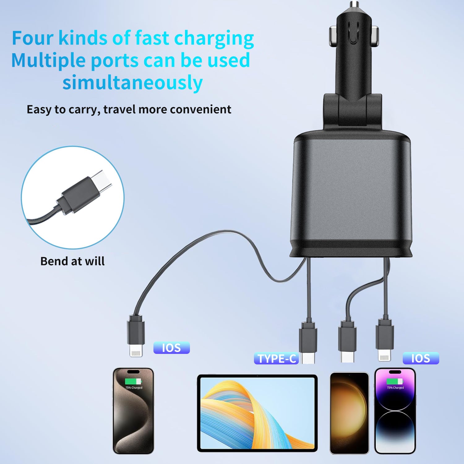 Flexible Wire Four-in-one Cigarette Lighter Starry Sky Ambience Light Car Charger