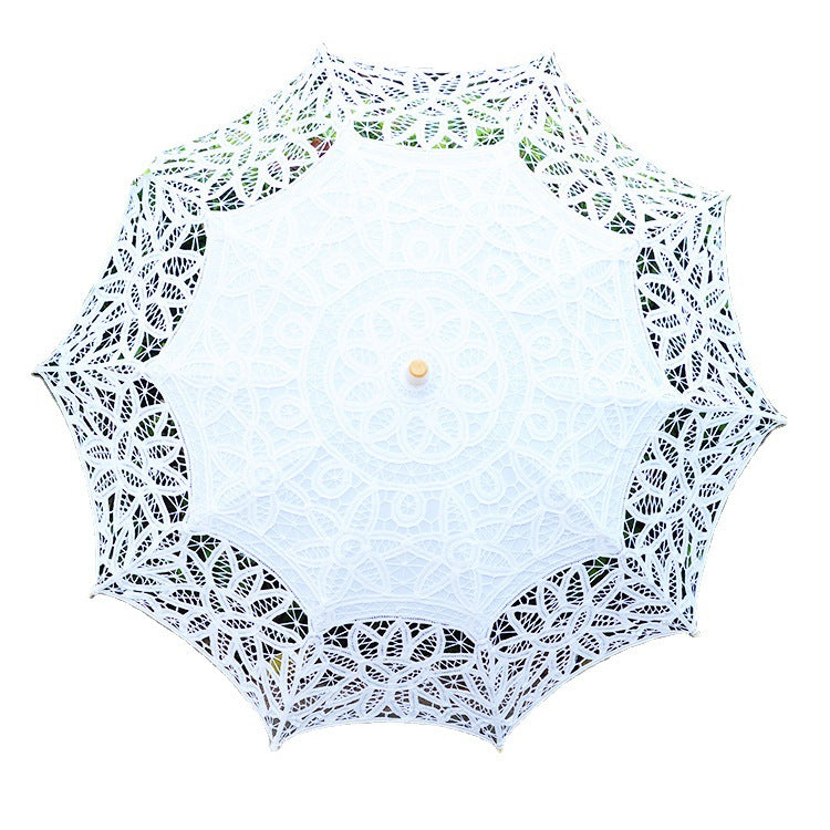 Classical Princess Dance Embroidered Crocheted Sun Umbrella Wooden Handle Straight Rod Hoisting