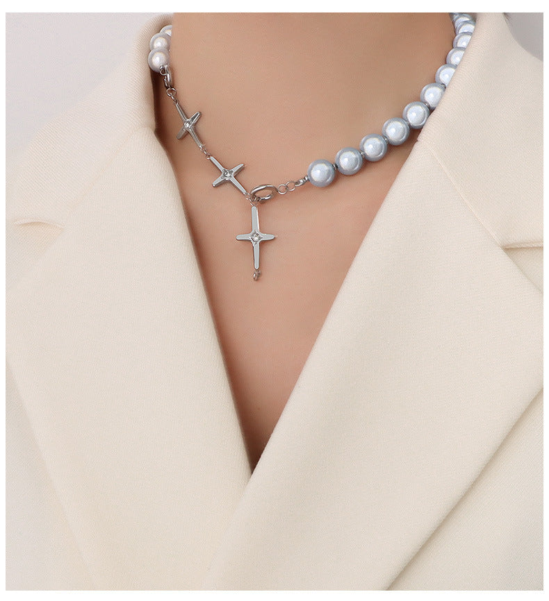 Vintage High Sense Reflective Pearl Cross Necklace