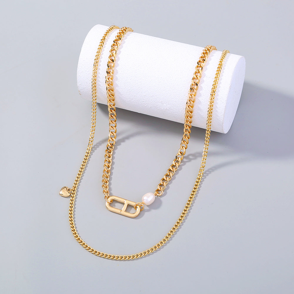 ins style hip-hop personality Japanese character thick chain design double layered necklace pearl necklace