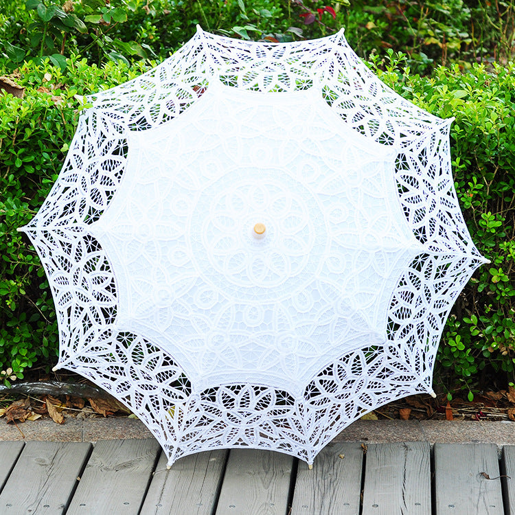 Classical Princess Dance Embroidered Crocheted Sun Umbrella Wooden Handle Straight Rod Hoisting