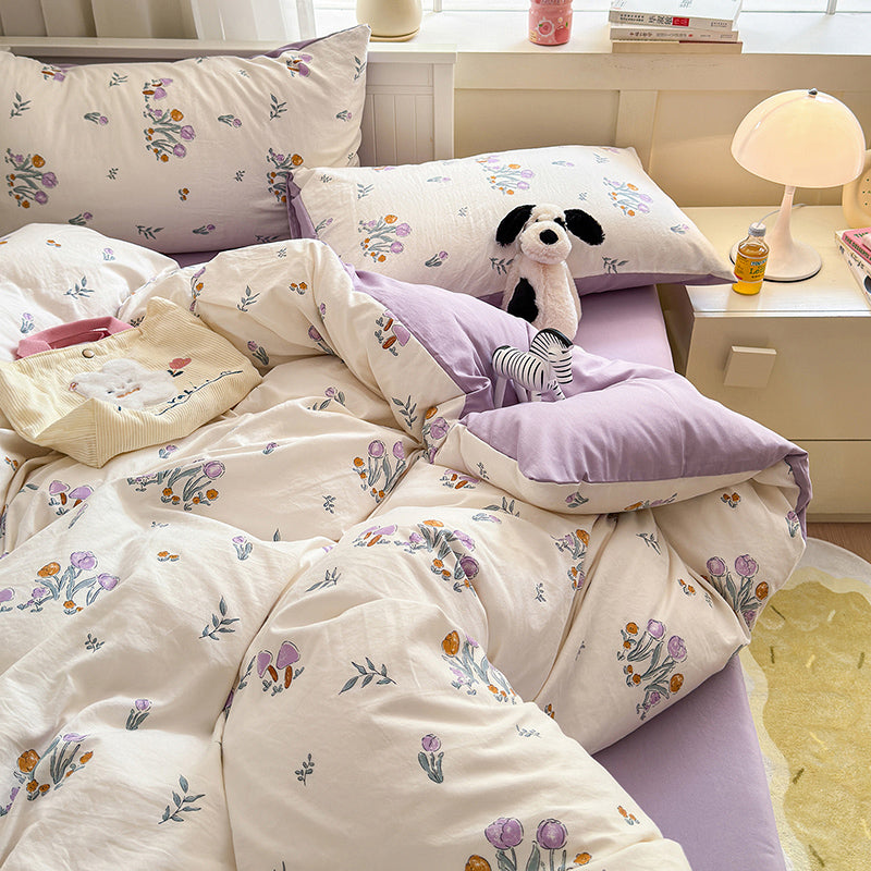 Pastoral Style Girl Floral Bunny Washed Cotton Bedding