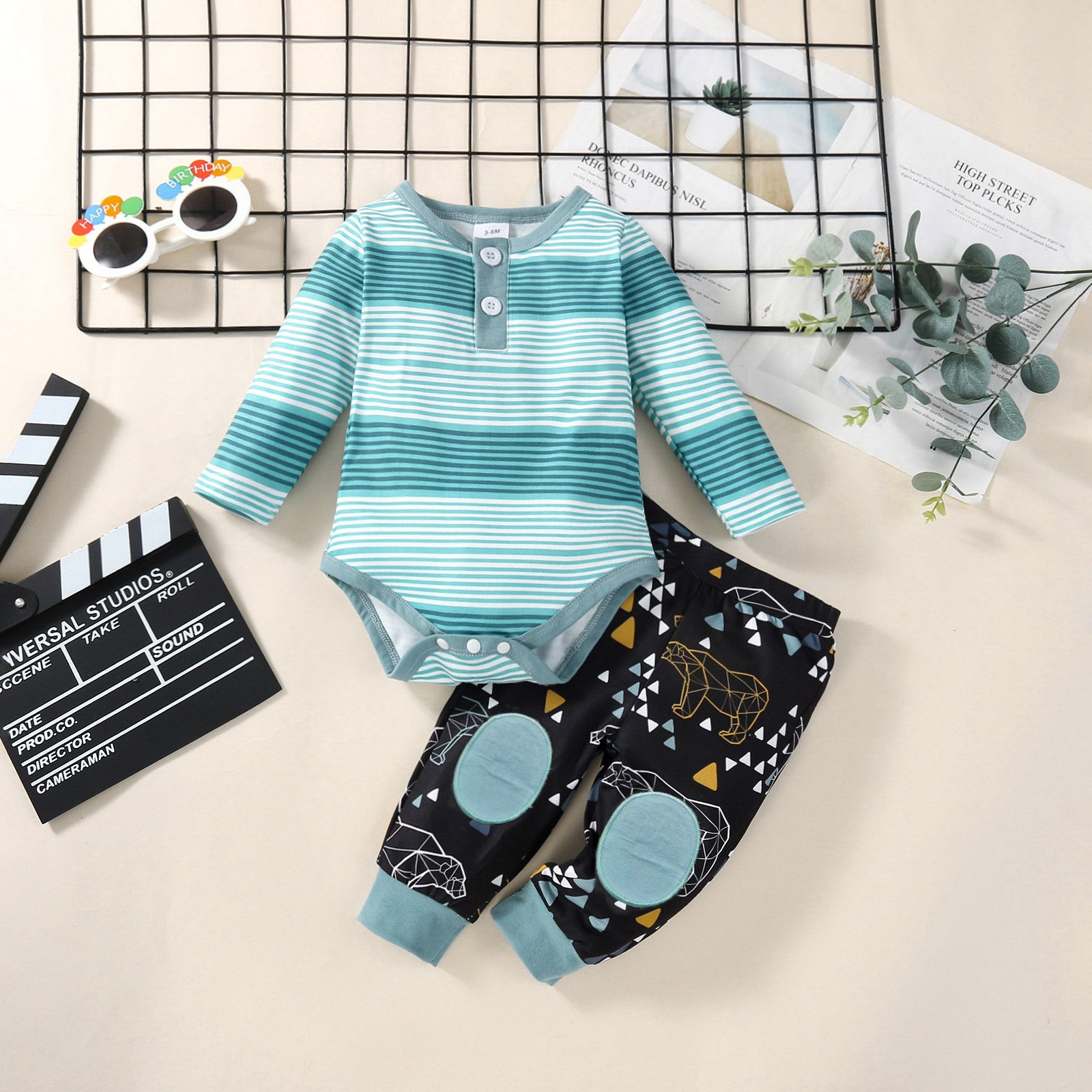 New Children's Long-sleeved Striped Romper Two-piece Suit