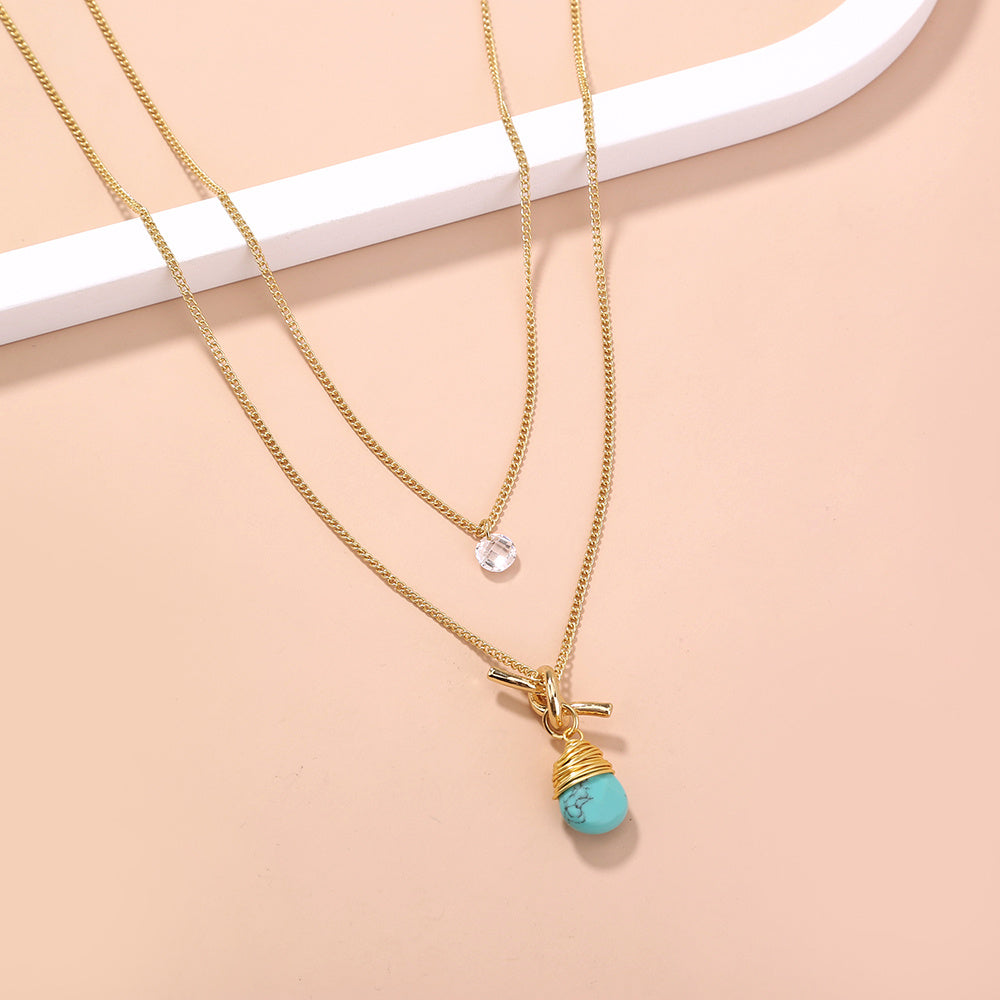 European and American foreign trade new product hot-selling jewelry, metal knotted hand-wound turquoise water droplet simple multi-layer necklace