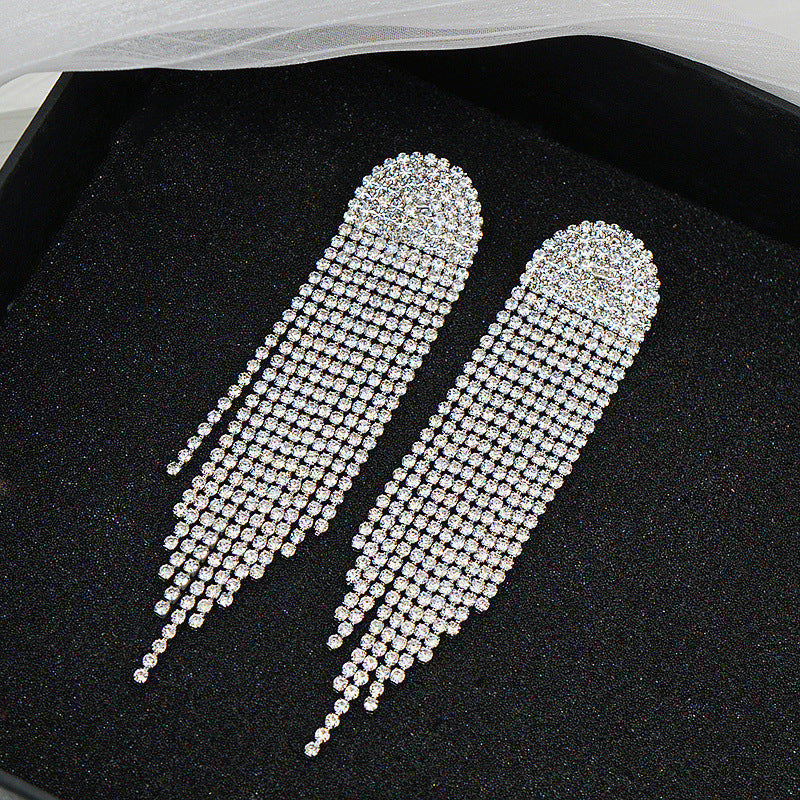 Exaggerated Full Drill Stud Earrings With Extra Long Tassel Rhinestones
