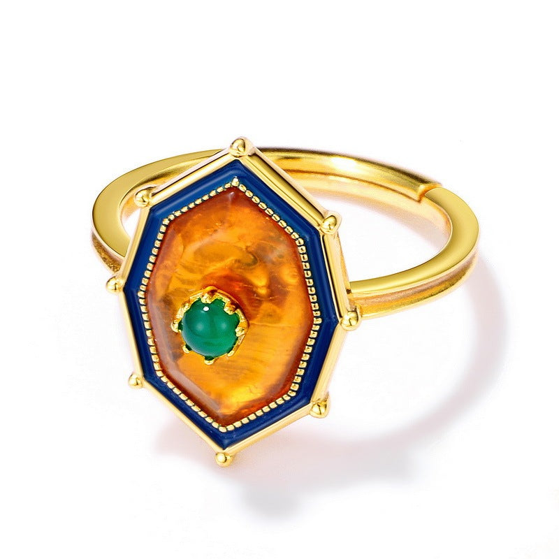 Natural Amber Ring Ethnic Style Sterling Silver