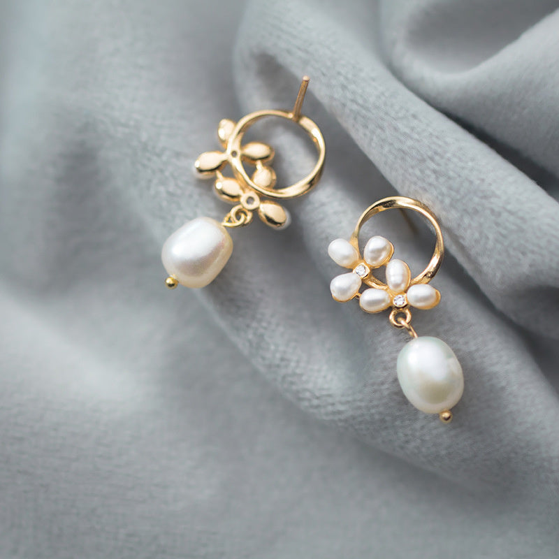 S925 Silver Flower Rice Grain Pearl Earrings Women