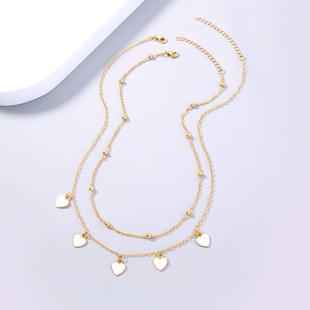 Stylish Peach Heart multi-layer necklace with white drop oil