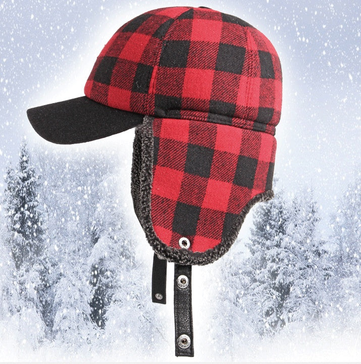 Trendy Plus Velvet Thick Plaid Ear Protection Cotton Cap Men