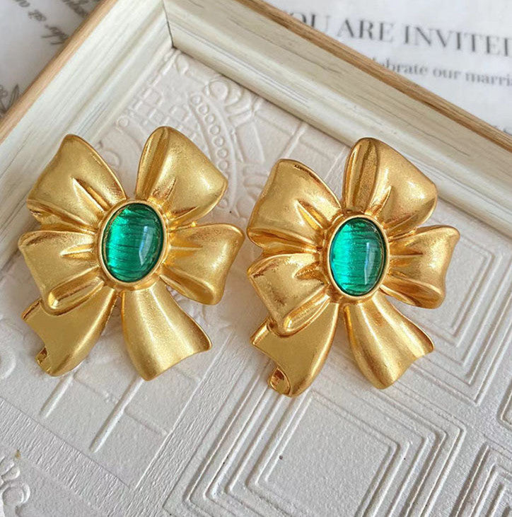 Plain Gold Bowknot Glass Stud Earrings Retro Exaggerated Simple Fashion