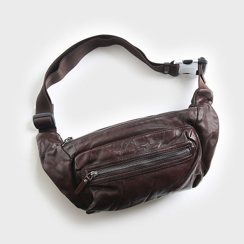 Men's Vegetable Tanned First Layer Leather Chest Bag Casual Shoulder Crossbody Backpack