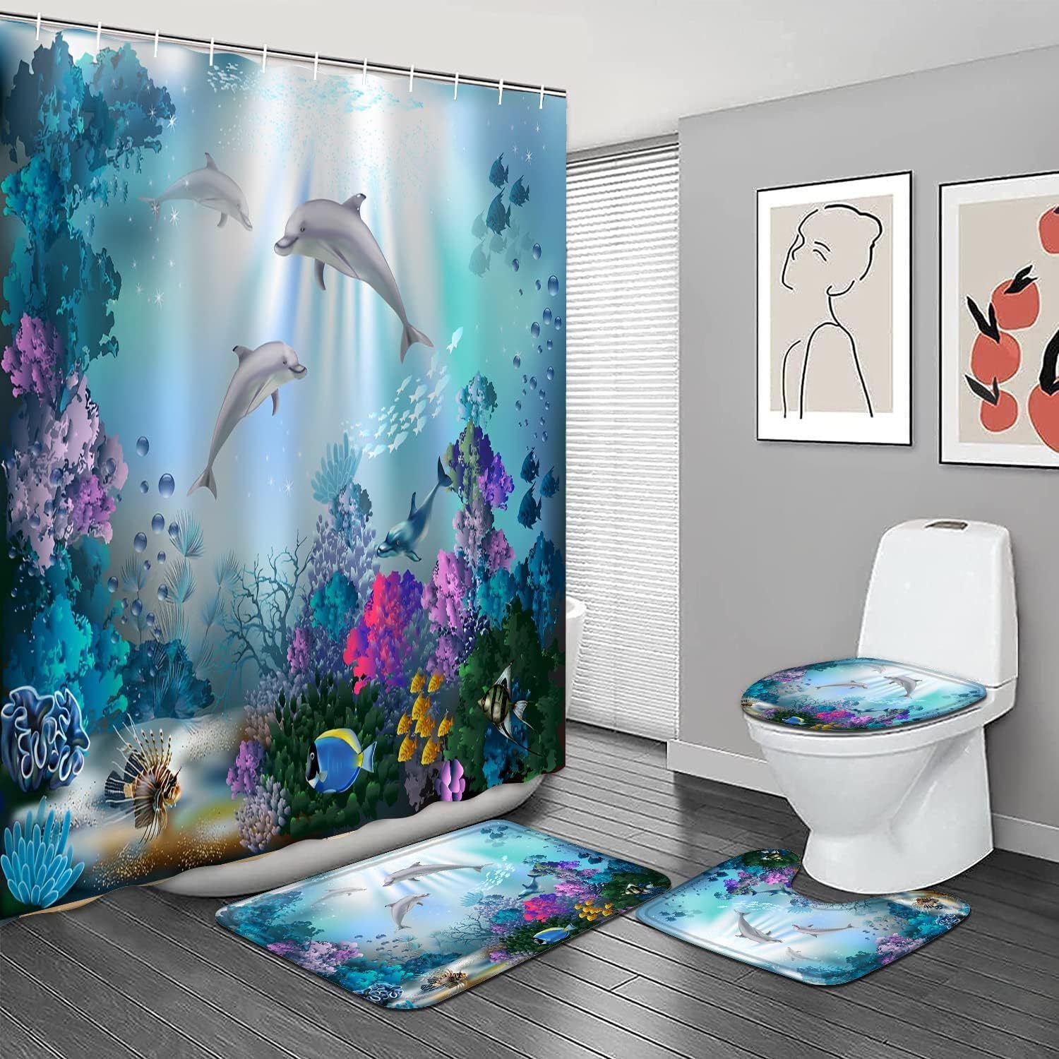 Bathroom Shower Curtain Floor Mat Suit Ocean World Printing