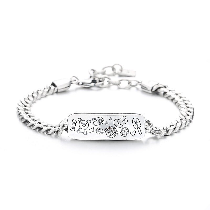 S925 Sterling Silver Graffiti Pattern Rabbit Bear Bracelet