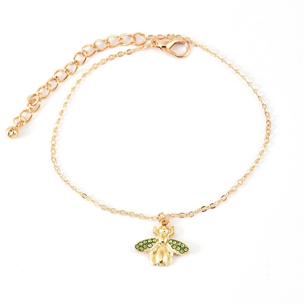 Cheville de plage populaire pour femme, coquille tissée, chaîne en diamant, pendentif abeille entièrement pavé, multicouche
