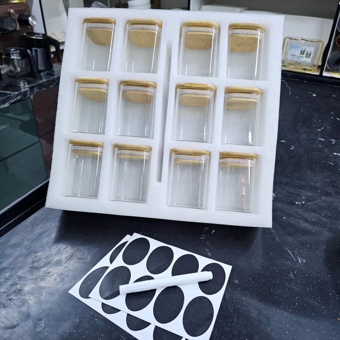 Transparent Square Glass Jar 12-piece Set With Bamboo Cover Storage Tank Suit