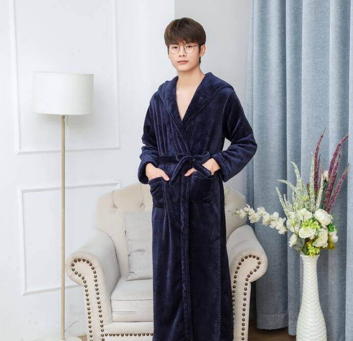 Solid Color Extended Hooded Flannel Bathrobe