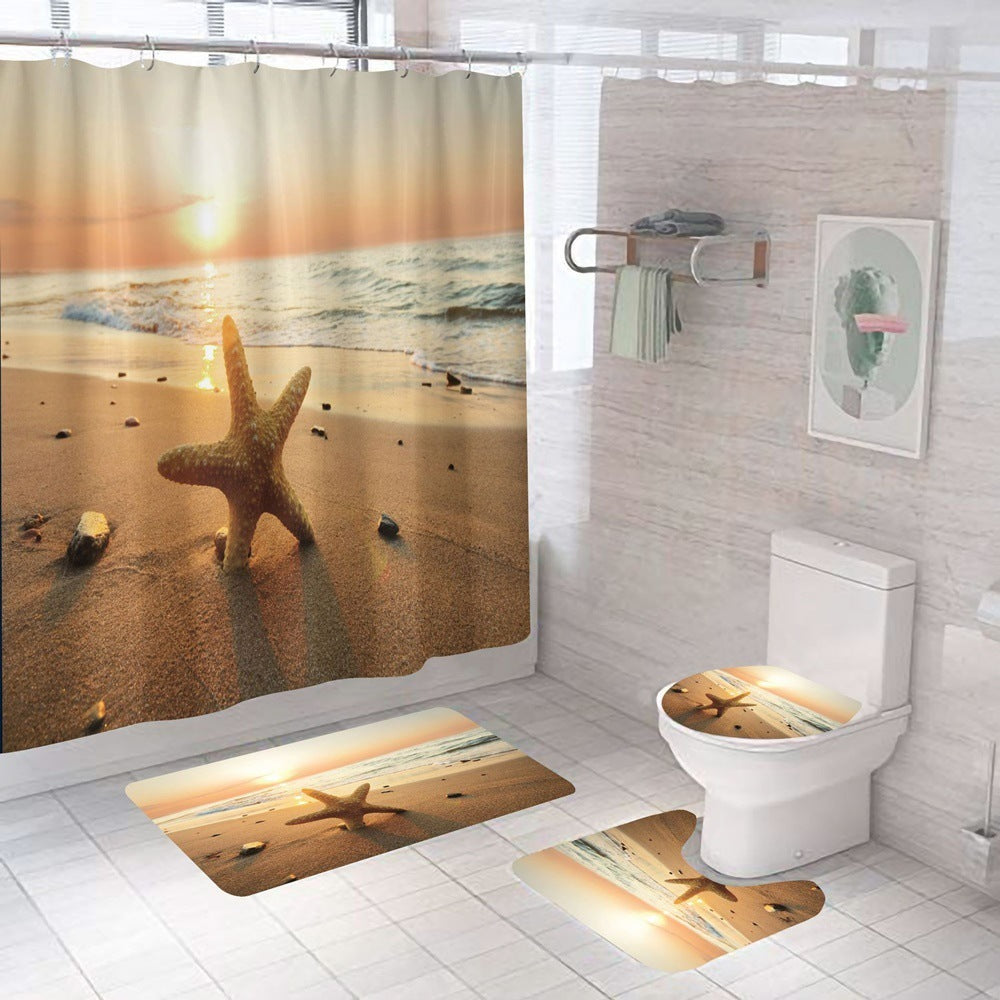 Beach Shell Printed Shower Curtain Carpet Bathroom Mat Four Piece Set