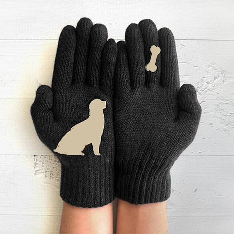 Women's Knitting Wool Gloves Autumn And Winter Finger Warm Thickened Puppy Bone Cute Printed Gloves