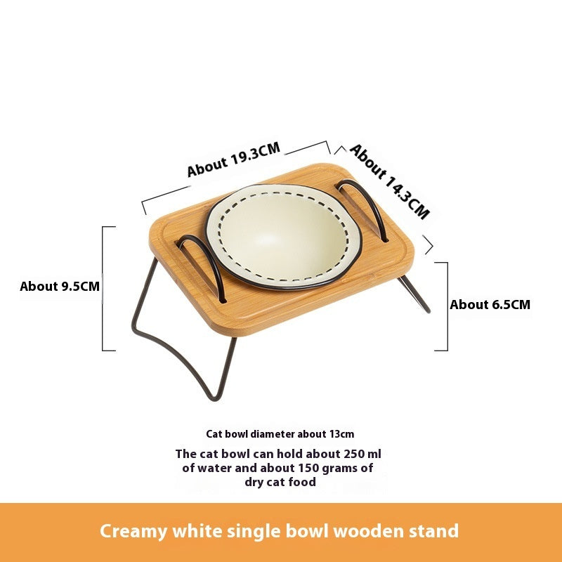 Étagère en bois pour animaux de compagnie Gamelle en céramique multifonctionnelle pour chat Anti-basculement Alimentation en eau Bouche oblique Facile à nettoyer