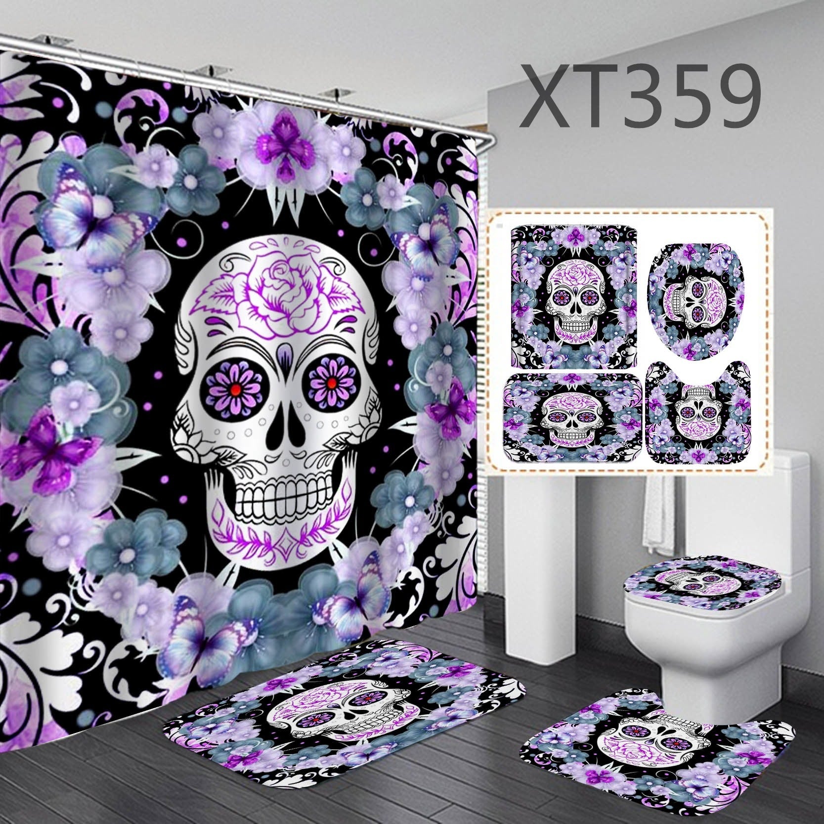 3D digital polyester shower curtain four-piece set