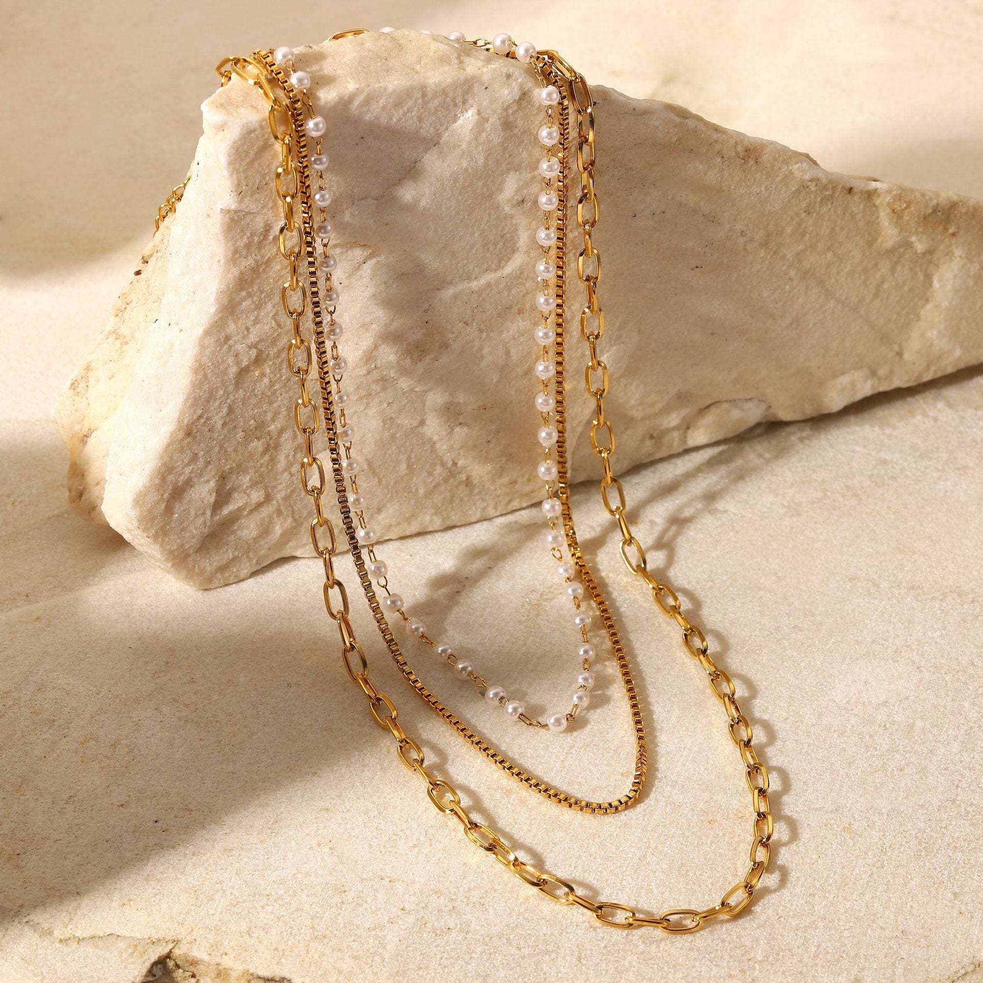 18K Gold Stainless Steel Necklace Small Pearl Collarbone Chain