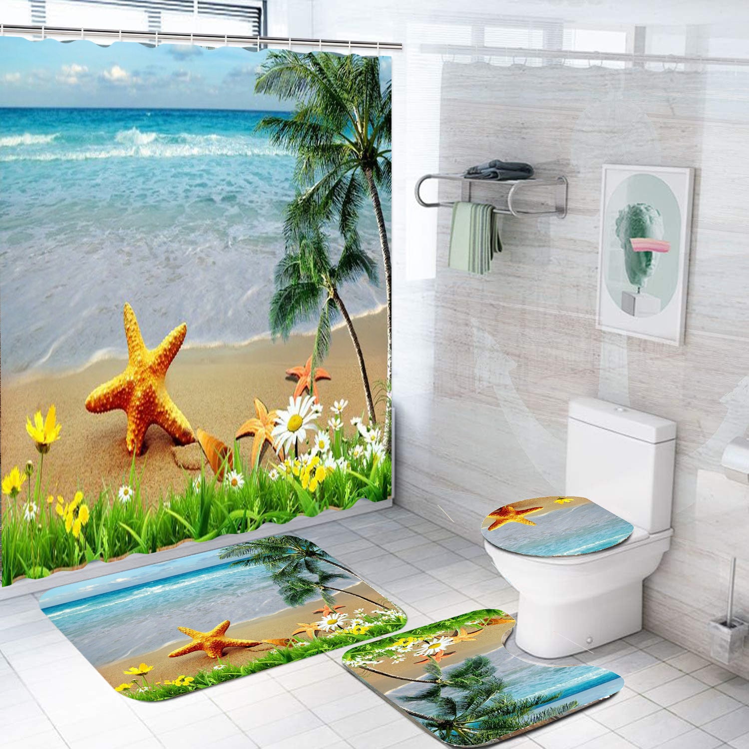 Bathroom Shower Curtain Floor Mat Suit Ocean World Printing