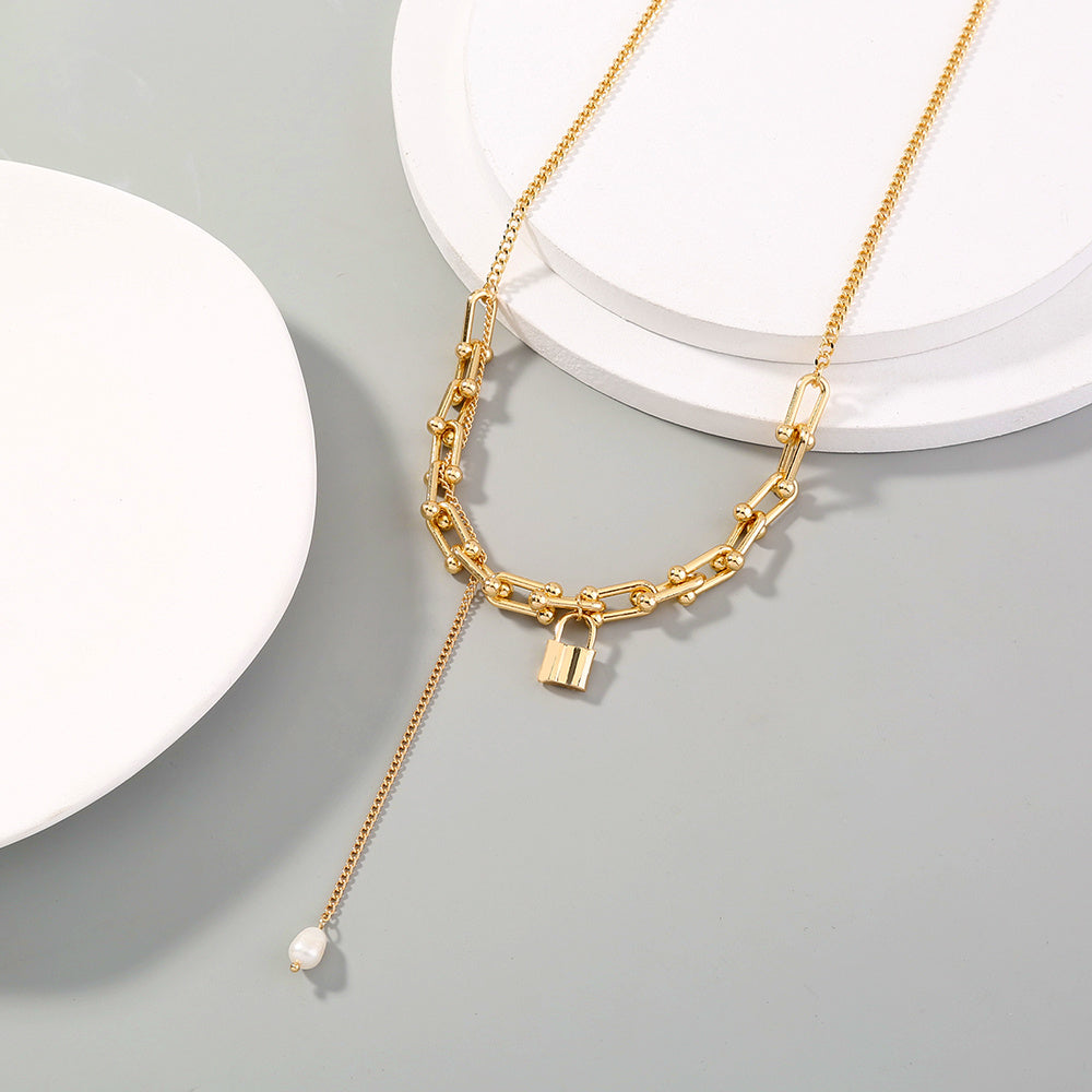 European and American cross-border fashion jewelry U-shaped chain lock-shaped single-layer necklace simple natural freshwater pearl long pendant necklace