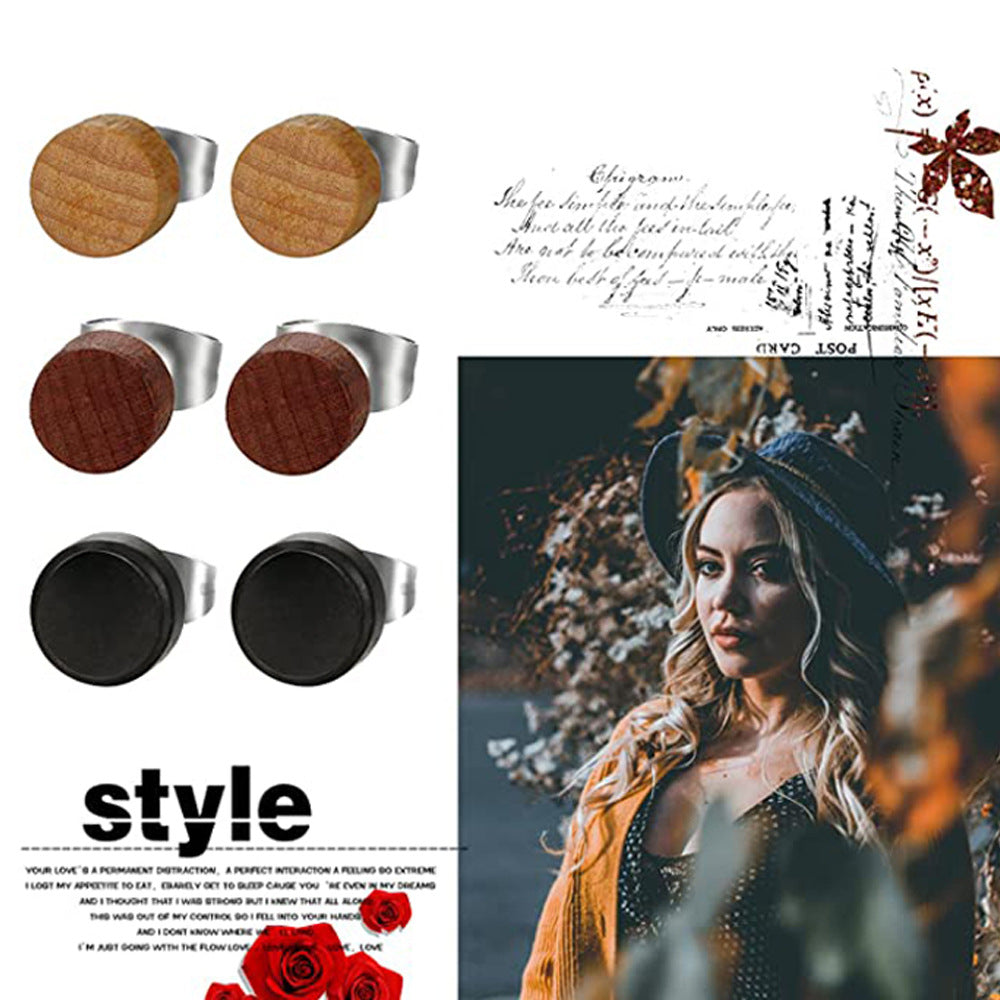 Log Hip Hop Rock Round Hipster Wood Stud Earrings