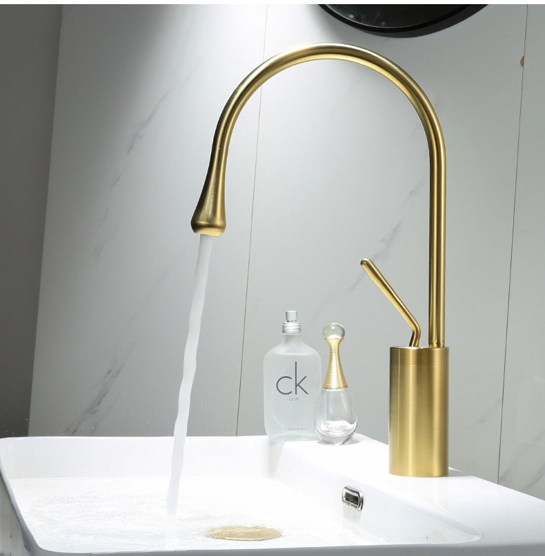 Water Drop Brushed Gold Copper Body Basin Wash Basin Rotating Faucet