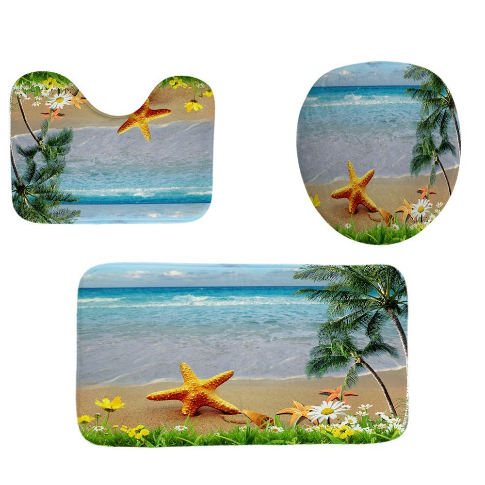 Beach Shell Printed Shower Curtain Carpet Bathroom Mat Four Piece Set