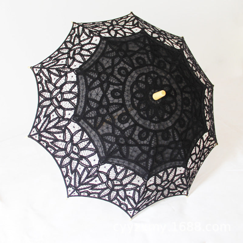 Classical Princess Dance Embroidered Crocheted Sun Umbrella Wooden Handle Straight Rod Hoisting