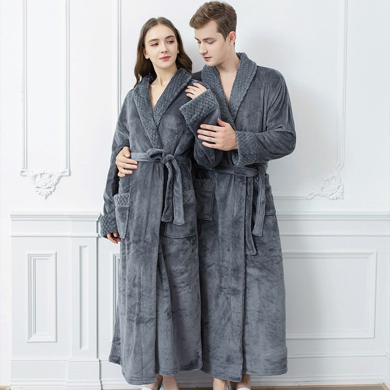 Long Coral Fleece Fleece-lined Thick Bathrobe Flannel Pajamas Homewear