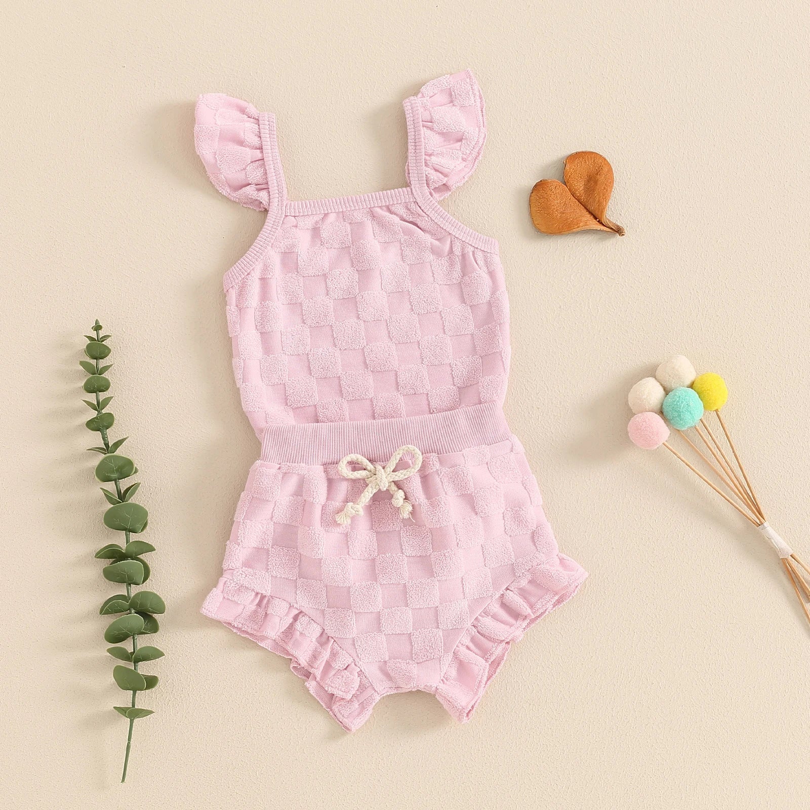 Girls' Solid Color Chessboard Plaid Style Lace Sling Romper Casual Shorts Suit