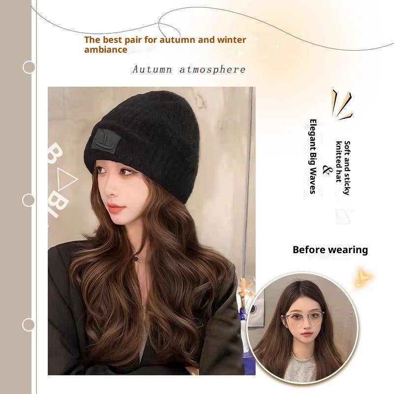 Hat Women's Big Head Small Integrated Fashion Big Wave Full-head Wig
