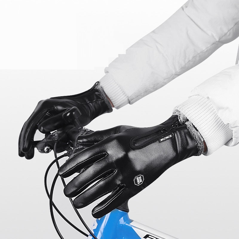 Outdoor Winter Sports Cycling Warm Men's PU Leather Gloves