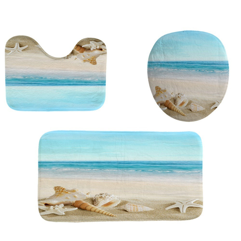 Beach Shell Printed Shower Curtain Carpet Bathroom Mat Four Piece Set