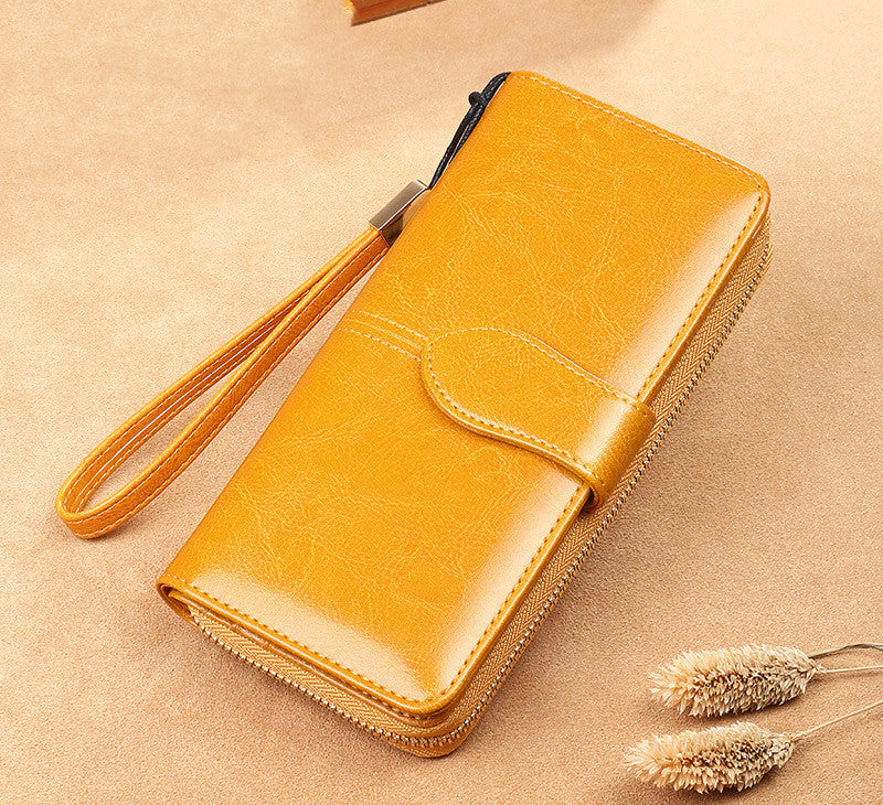 Waxed Cowhide Long Lady Wallet Leather Zipper Wallet Large Capacity