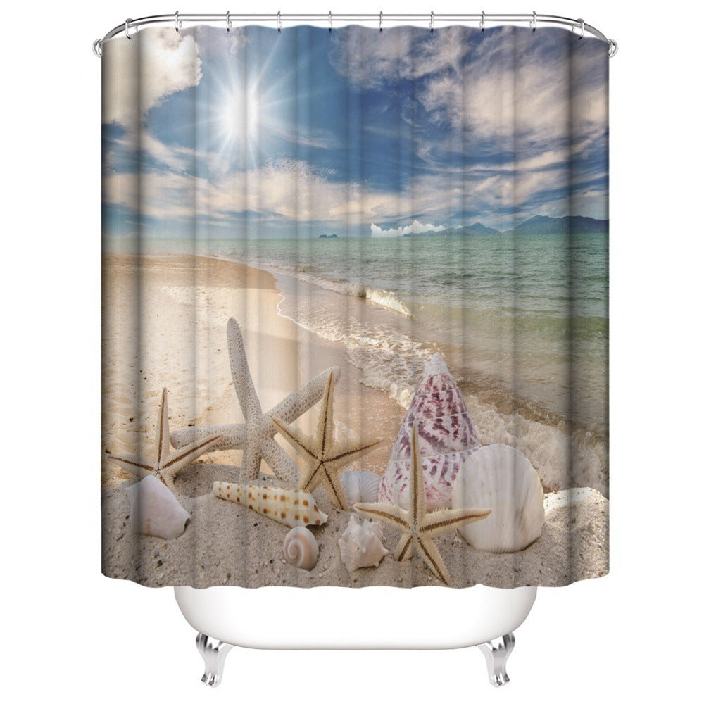 Beach Shell Printed Shower Curtain Carpet Bathroom Mat Four Piece Set