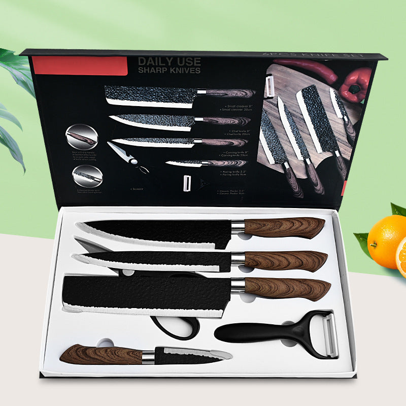 Hammer Pattern Six-piece Black Steel Forged Paint Stainless Steel Kitchen Knife Set