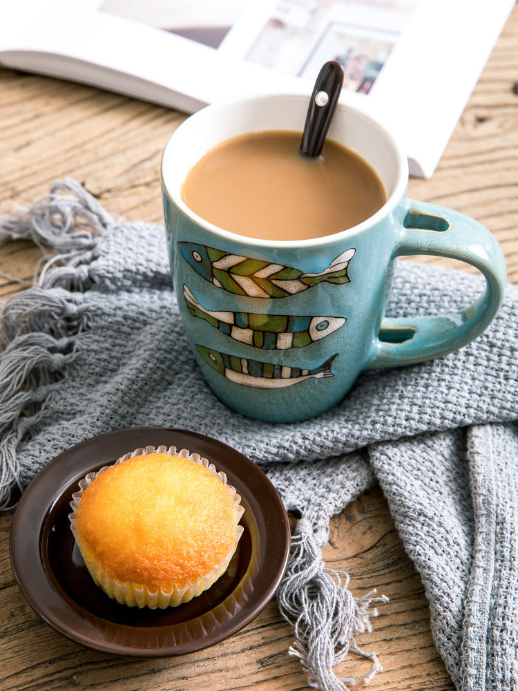 Ceramic Water Cup Creative Fish Pattern Coffee Cup With Lid Spoon