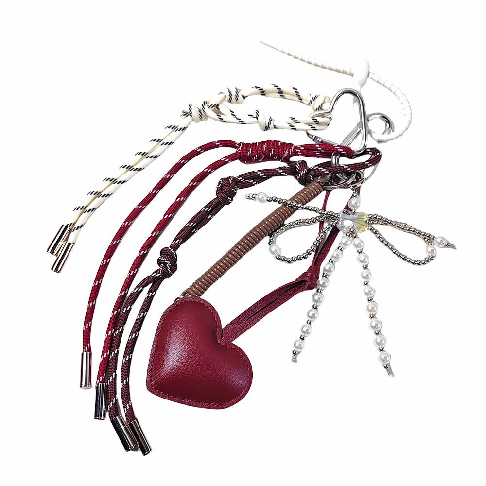 Wine Red Leather Peach Heart Pendant Pearl Bow Keychain