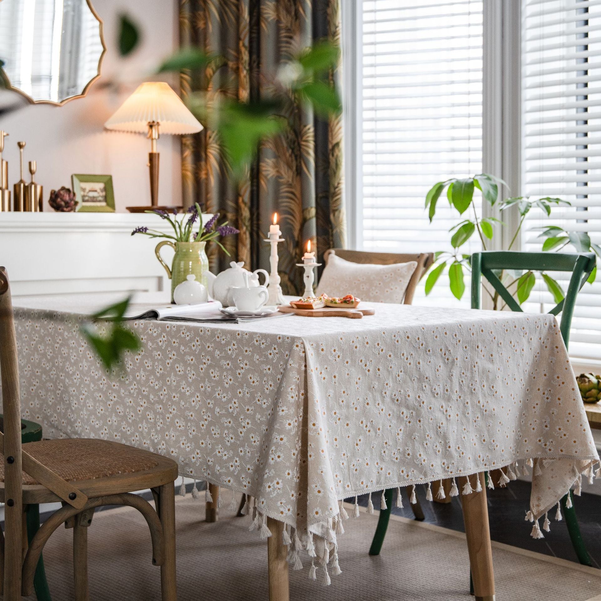 Cotton Linen Embroidery Daisy Tablecloth Decorative Macrame Table Cover Fashion Tassel Table Cloth